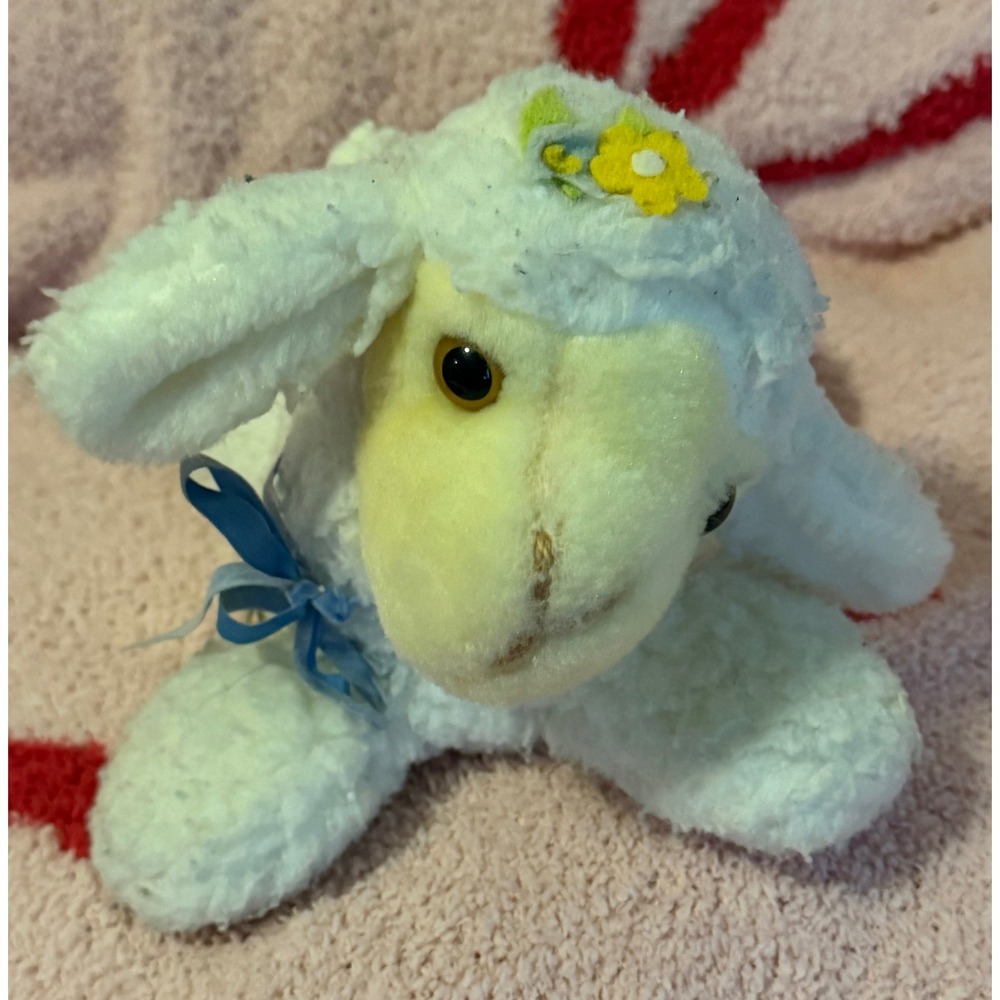 Vtg Eden Toys Plush Lamb White Sherpa musical Animal Blue Ribbon Flower Bell